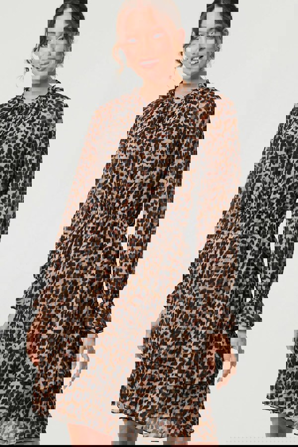 Brown | Animal Print Ruched Tie Neck Short Dress
