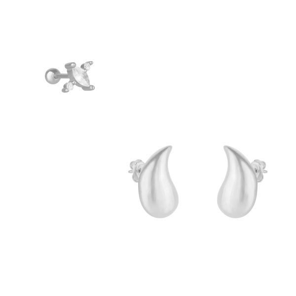 Spero London Pear Teardrop Earrings And Marquise Stud Piercing Sterling Silver Set