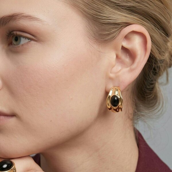 Uchi & Soto Enso Black Stone Molten Gold Hoop Earrings