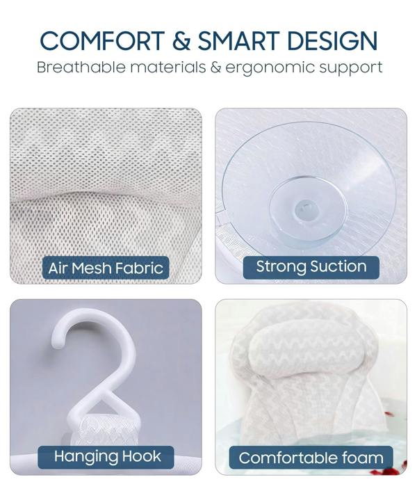 ADOV Bath Pillow, Ergonomic 4D Air Mesh Headrest Cushion with 6 Suction Cups for Head, Neck and Back Support