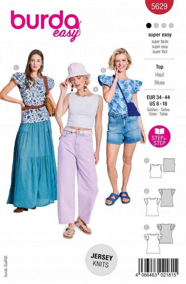 Burda Sewing Pattern 5629 Tops For Women, 8 to 18 - Easy, Beginner