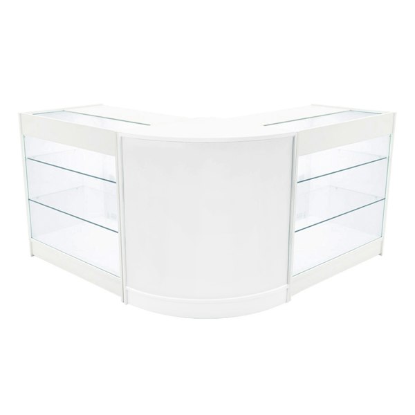 White Helios LED shop counter set with two K900 display cases, featuring glass shelves and a sleek, modern design