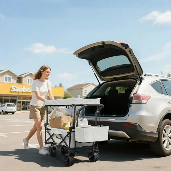 Grey folding wagon cart with overhead canopy, open frame and four wheels