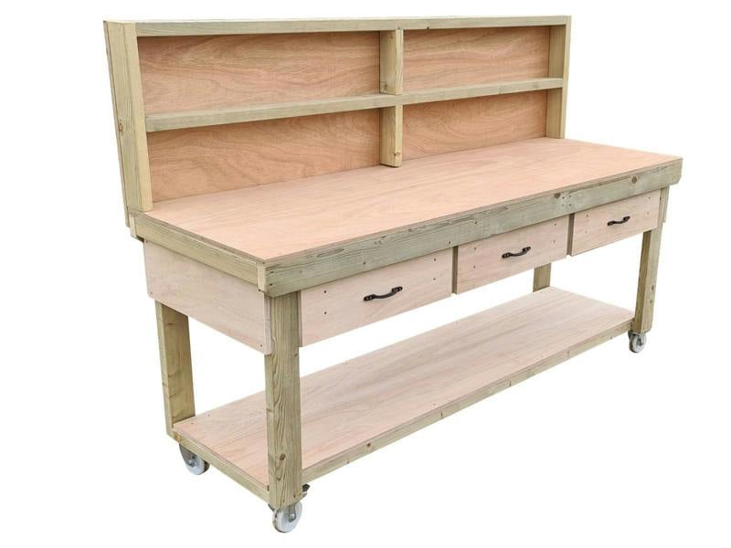 Wooden eucalyptus Top Workbench – Mobile Tool Cabinet with Drawers, Back Panel and wheels, Ideal for Dry Indoor Spaces Such as Garages, Workshops, and Studios.