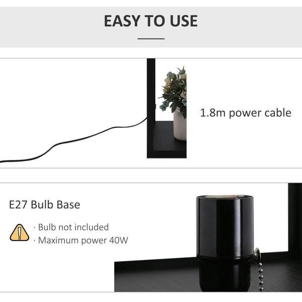 Black standing shelf lamp with E27 bulb base and 1.8m power cable