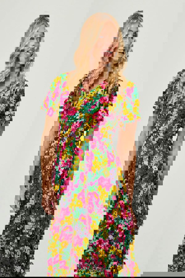 Green | Floral Shirred Short Sleeve Midi Dress
