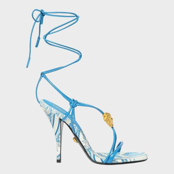 Versace Medusa Barocco Square Toe Heeled Sandals Blue White