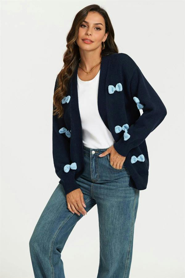FS Collection Light Blue 3D Bow Cardigan In Navy