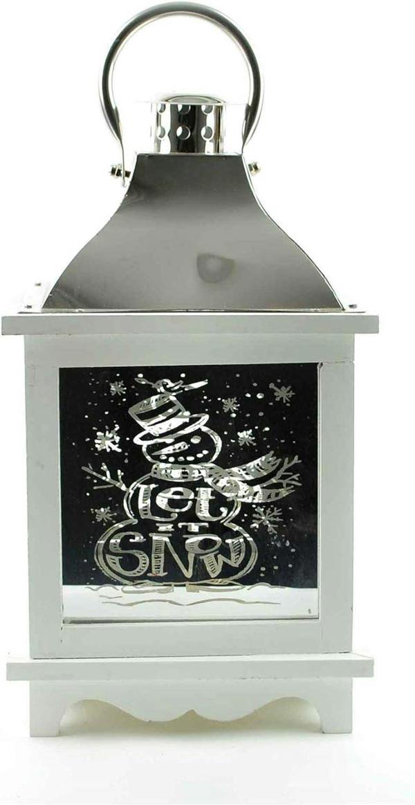 17cm White Wooden Christmas Lantern with Warm White LED Light and Let It Snow Design image 6