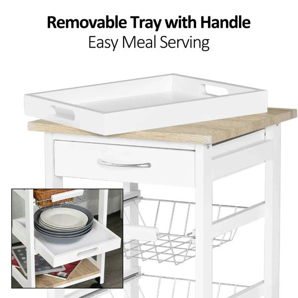White kitchen trolley with removable tray with handle and wood tabletop