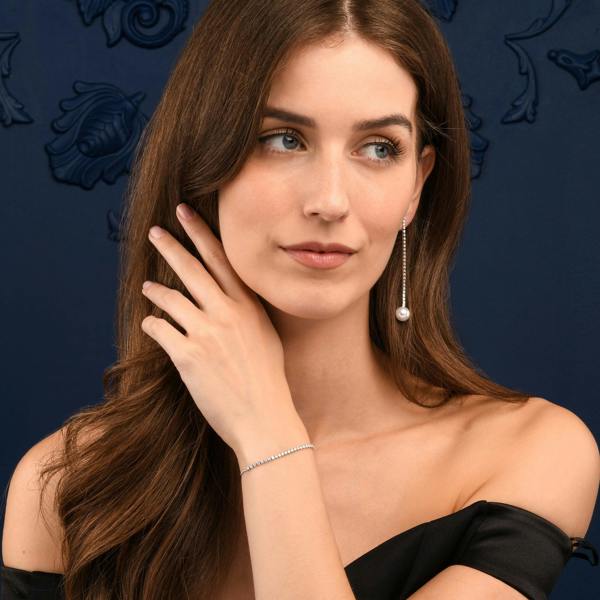 namana Silver Long Drop Earrings with Pearl and Rhinestone Chain for Women