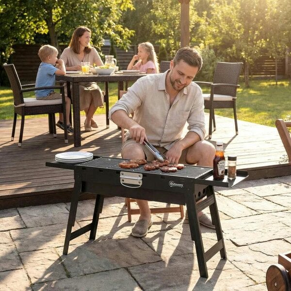 Bobobiy Portable BBQ Grill, Foldable Charcoal Grill for Camping and Picnics with 2 Side Shelves and Handle, Black
