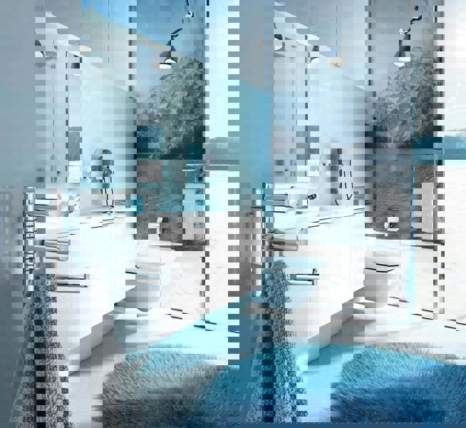 Polished chrome triple swing arm towel hooks on bathroom wall