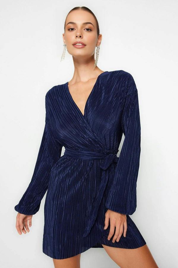 WOVCOR Belted A-Line Pleated Knit Short Elegant Evening Dress