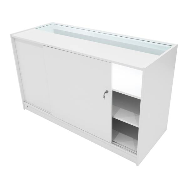 Astro LED Shop Counter Set in white featuring sliding doors, glass top, and internal shelving for organized display and storage