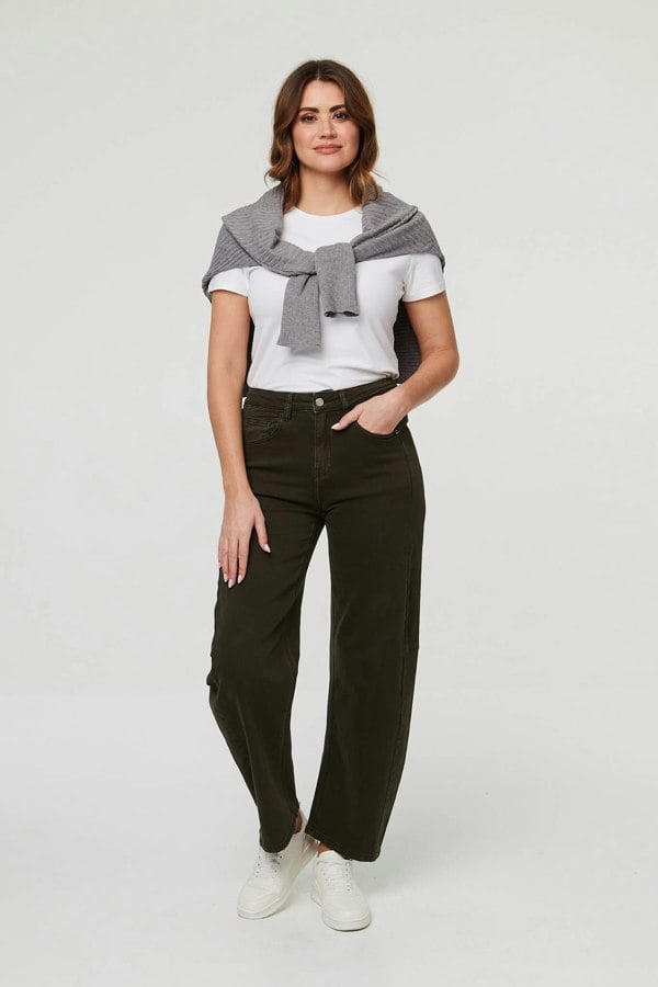 Khaki | High Waist Wide Barrel Fit Jeans
