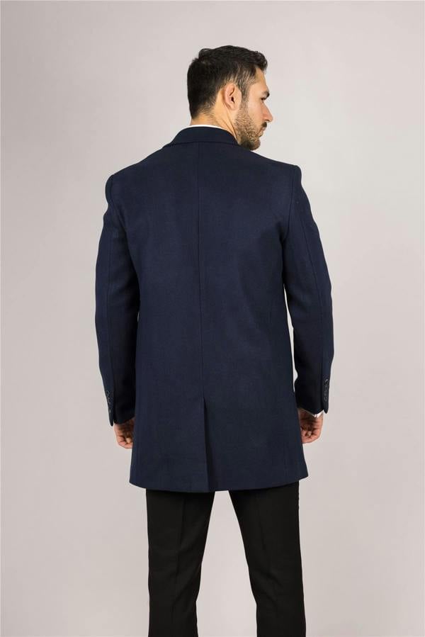 Infinity Leather Men's Notched Lapel Collar Wool Blend Navy Overcoat