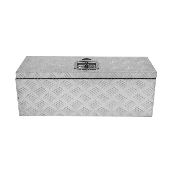 Aluminium tool box 35L in silver with a diamond plate texture, featuring a secure latch and a sturdy rectangular design