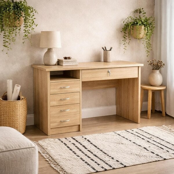 Wyld Haus Billabong Natural Oak Wood Office Desk 5 Drawers
