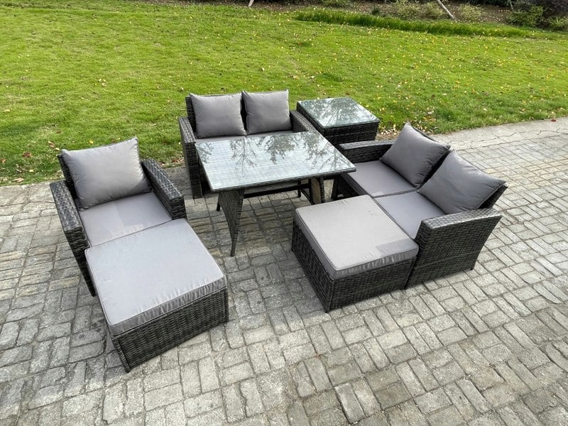 Fimous Garden Dining Set - Dark Grey Mixed PE Wicker Rattan Outdoor Sofa with Rectangular Dining Table & 2 Big Footstools