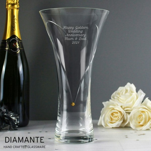 Personalised Memento Company Personalised Large Hand Cut Gold Diamante Heart Vase