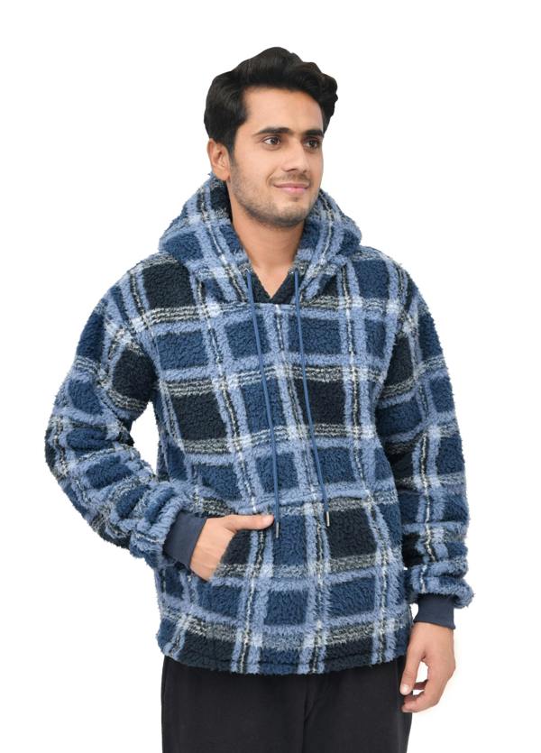 Smart Living Mens Check Fleece Teddy Borg Hoodie - Navy