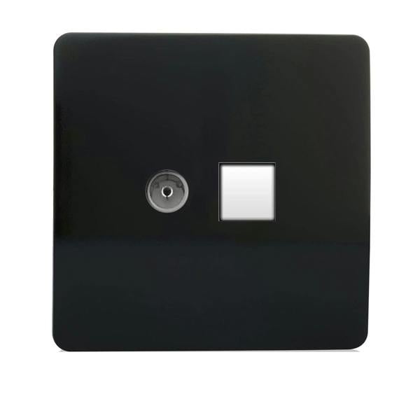 Trendi Switch 2 Gang Female TV Co-Axial & Telephone Slave Sockets in Piano Black