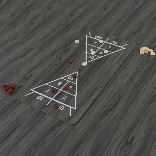 7-in-1 grey games table featuring a shuffleboard layout with wooden pucks in cream and brown, set on a dark textured surface