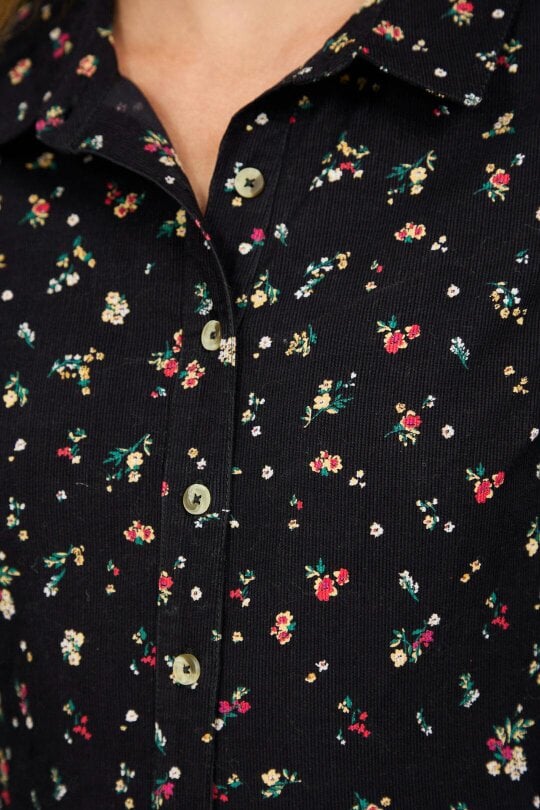 Mudflower Floral Print Corduroy Collared Full Sleeve Dress