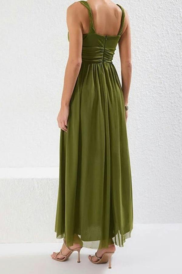 WOVCOR A-Line V-Neck Flowy Tulle Knit Long Elegant Evening Dress