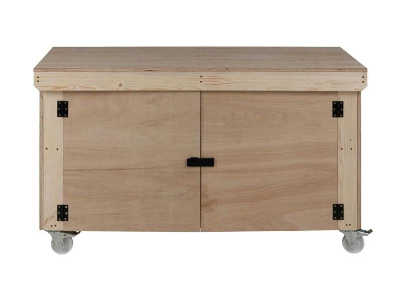 Arbor Garden Solutions Wooden Eucalyptus hardwood top workbench with lockable cupboard (V.9) double shelf and wheels