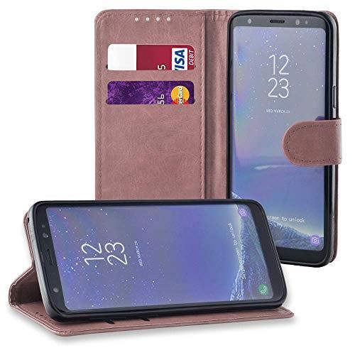 KAV - Protection (faux) Leather Wallet flip Case cover pouch holser holder for Samsung Galaxy J6 2018 Rose Gold