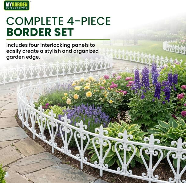My Garden Outdoor Living Garden Fence Panels 4 Pack-2.4M Decorative Edging Panel-Secure Ground Stakes-Inter-Locking Fence Edging, Easy Hammer-In Setup