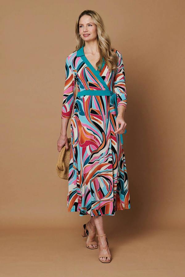 Red | Abstract Tie Waist Midi Wrap Dress