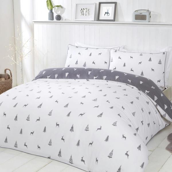 Smart Living Stag & Trees Flannelette Cotton Reversible Duvet Set - Grey