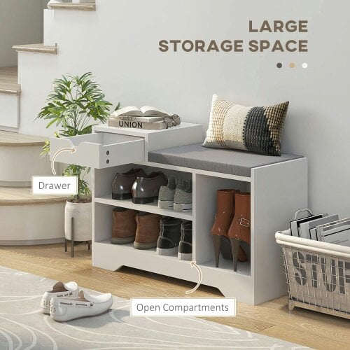 Wyld Haus Norata Wooden White Multi Compartment Shoe Bench With Grey Cushioned Seat