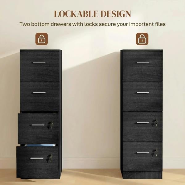 Black lockable four-drawer filing cabinet design with key locks on lower drawers
