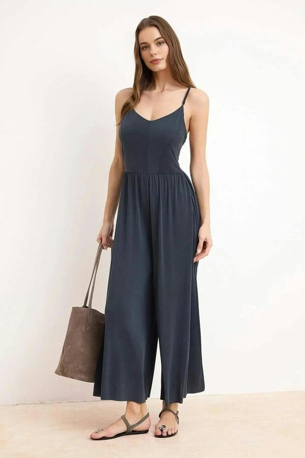 WOVCOR V-Neck Sleeveless Ruched Long Knitted Jumpsuit
