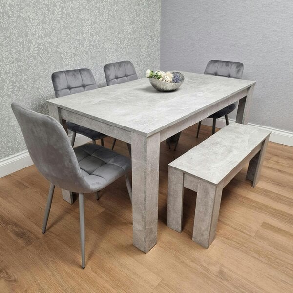 Kosy Koala Wooden Grey Dining Table Set with 4 Grey Velvet Chairs and 1 Grey Bench - Dining Room Furniture - Table + 4 grey chairs + stone grey benche