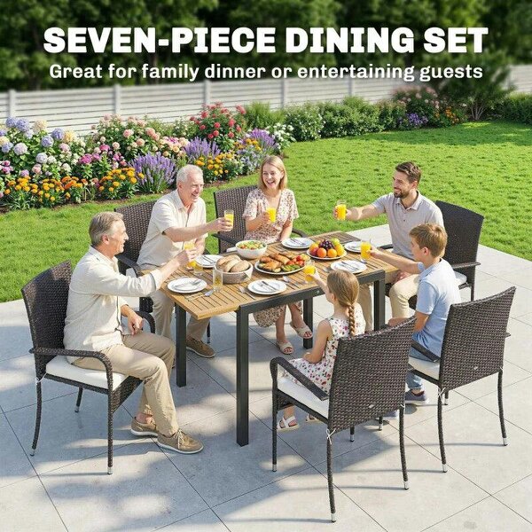 7 Piece Rattan Garden Furniture Set, 6 Seater Garden Table and 6 Stackable Chairs with Extendable Acacia Wood Tabletop