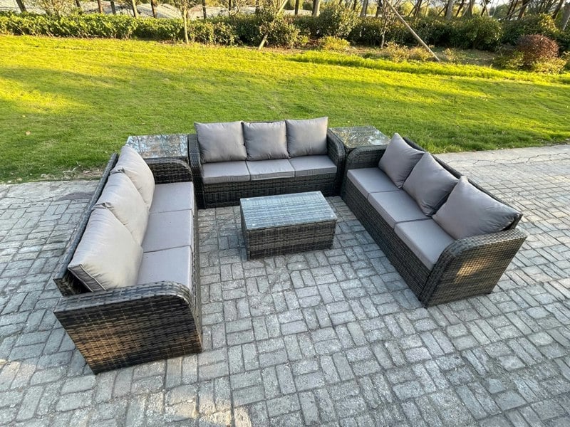 Fimous Rattan Lounge Sofa Set 9 Seater Outdoor Garden Furniture Set with Rectangular Coffee Table 3 Seater Sofa 2 Side Tables Dark Grey Mixed