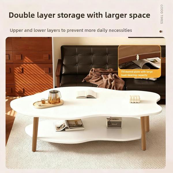 Havendro White 2-Tier Cloud Coffee Table Modern Living Room Desk with Storage Shelf