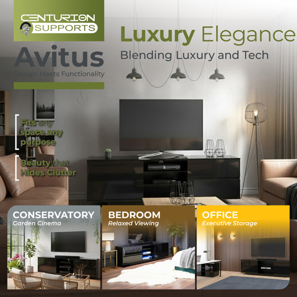 Centurion Supports AVITUS High Gloss Black with 4-Black Drawers for 32"-65" LED/OLED/LCD TV Cabinet - FULLY ASSEMBLED