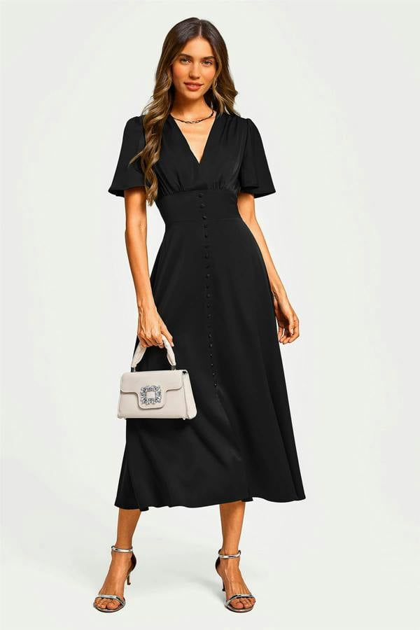 FS Collection Satin V neckline Button Detail Dress In Black