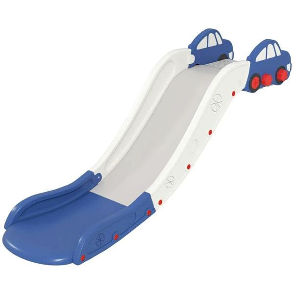 Kids blue slide with white ramp and enclosed car-style side rails