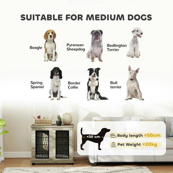 Indoor dog crate furniture for medium dogs, shown with multiple dog silhouettes and cushion.