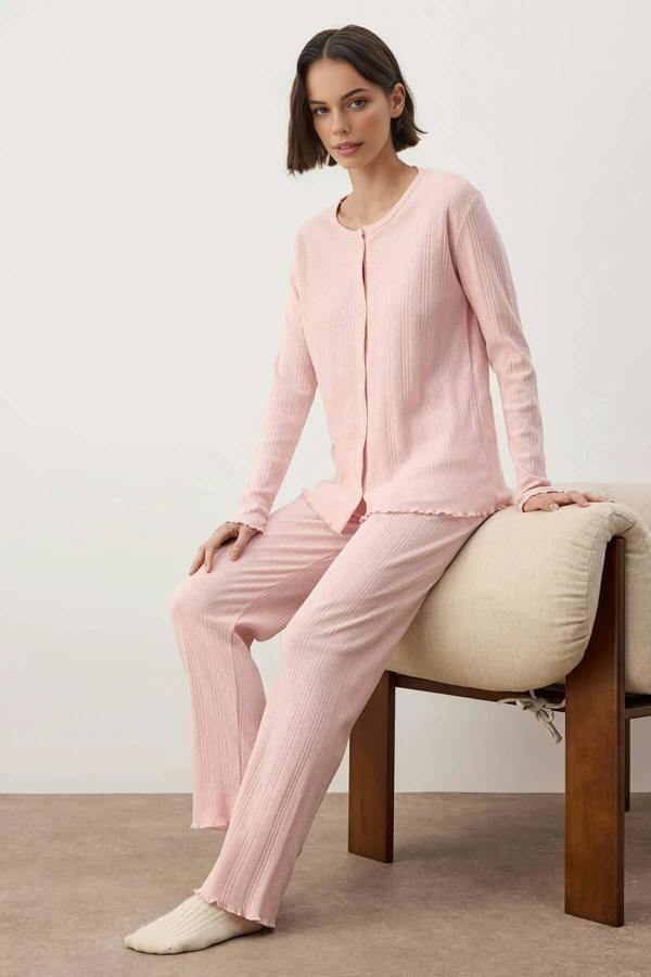 WOVCOR 2-Piece Cardigan-Style Ribbed Baby Overlock Knitted Pajama Set