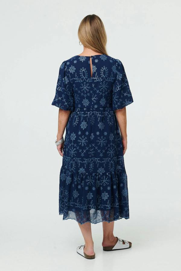 Indigo | Embroidered Short Puff Sleeve Maxi Dress