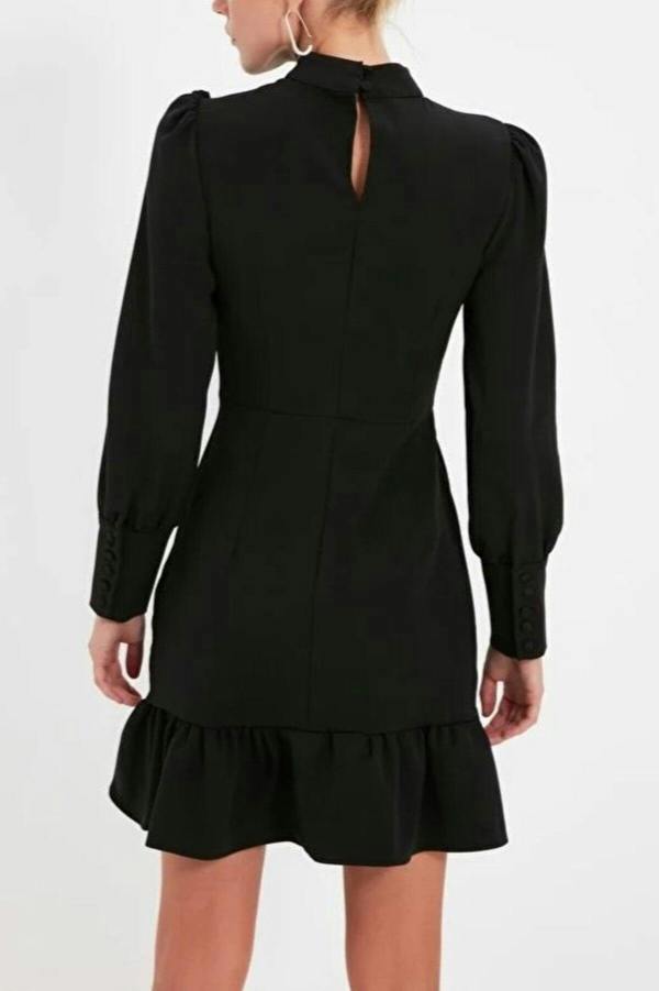 WOVCOR A-Line Stand-Neck Mini Woven Dress with Gathered Skirt