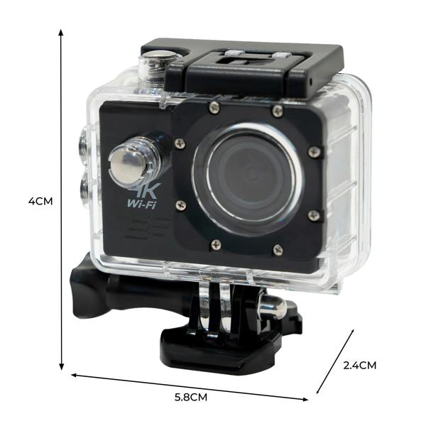 Compact 4K action camera in a waterproof case, featuring a clear lens, sturdy mount, and dimensions of 5.8cm x 4cm x 2.4cm